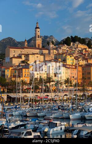 Vista sulla città vecchia e il porto, Menton, Provence-Alpes-Côte d'Azur, in Francia, in Europa Foto Stock