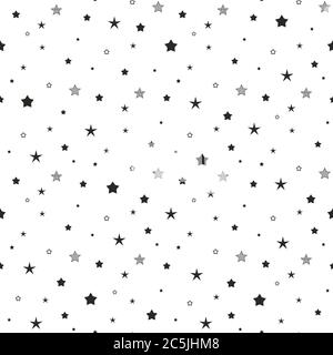 Motivo carino senza cuciture con stelle nere, punti e cerchi poco diversi su sfondo bianco. Illustrazione vettoriale. Fuochi d'artificio magici. Bright Stardust b Illustrazione Vettoriale