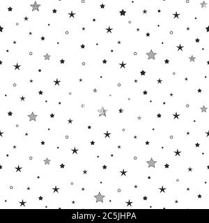 Motivo carino senza cuciture con stelle nere, punti e cerchi poco diversi su sfondo bianco. Illustrazione vettoriale. Fuochi d'artificio magici. Bright Stardust b Illustrazione Vettoriale