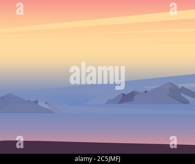 Tramonto o alba in oceano, natura paesaggio sfondo, nuvole rosa nel cielo a sole splendere sopra il mare con le montagne. Vista serale o mattutina. Cartone animato Illustrazione Vettoriale