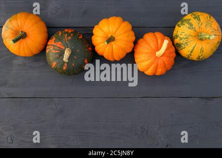 Varietà di zucche e di zucche su sfondo di legno. Confine con il cibo Foto Stock