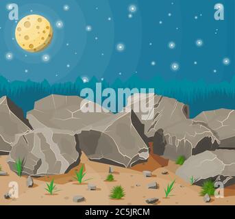 Mucchio di pietra di roccia con erba sulla sabbia. Pietre e rocce in varie dimensioni. Set di diversi massi. Cielo notturno con stelle e luna piena. Illustrazione vettoriale in stile piatto Illustrazione Vettoriale