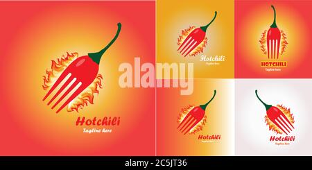 Logo Hot Chili. Fire da fuoco per ristorante e negozio di alimentari. Logo Hot Chili con diverse opzioni. Modello logo per la stampa. Illustrazione Vettoriale