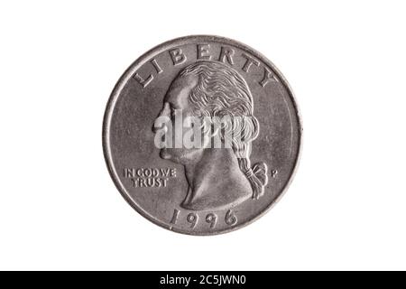 Moneta di nichel da 25 centesimi USA con un ritratto di George Washington tagliato e isolato su sfondo bianco Foto Stock
