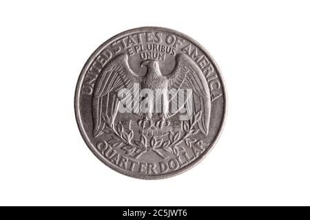 Moneta di nichel del dollaro del quarto degli Stati Uniti (25 centesimi) invertita con un'aquila di Bald con le ali sparse tagliate fuori ed isolate su uno sfondo bianco Foto Stock