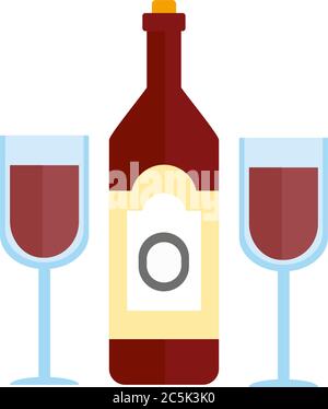 Bottiglia di vino rosso con due bicchieri completi. Immagine vettoriale. Illustrazione Vettoriale