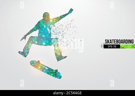 Skateboard. Silhouette astratta di uno skateboarder a reticolo da particelle su sfondo bianco. Organizzazione pratica del file eps. Vettore ill Illustrazione Vettoriale