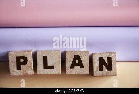 Cubetti di legno con LA parola PIANTA su sfondo rosa, lilla e beige. Concetto di diversità delle idee aziendali Foto Stock