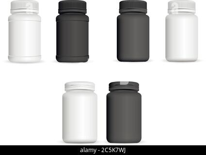 Set di flaconi per medicinali realistici. Modello di mockup farmaceutico e sano del prodotto. Vasi di plastica di colore bianco e nero per capsule, pillole, vitamina. V Illustrazione Vettoriale