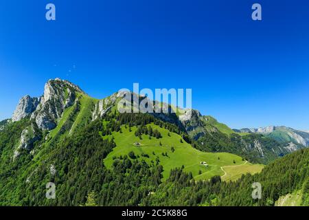 Parapentes sulle Alpi francesi vicino al Lago di Annecy. Foto Stock