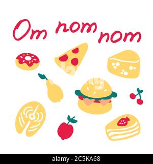 Torta artigianale ciambella formaggio hamburger pera ciliegia salmone bistecca e scritta a mano Om nom nom. Illustrazione Vettoriale