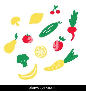 Un set di cibi e piatti disegnati a mano. Doodle raccolta di pasto. Illustrazione Vettoriale