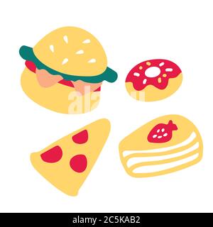 Cibo spazzatura. Icone disegnate a mano pizza Burger torta e ciambella. Elementi a doodle disegnati a mano. Illustrazione Vettoriale