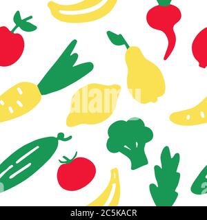Un set di frutta e verdura disegnato a mano. Doodle raccolta di cibo. Ripetizione senza giunture. Illustrazione Vettoriale