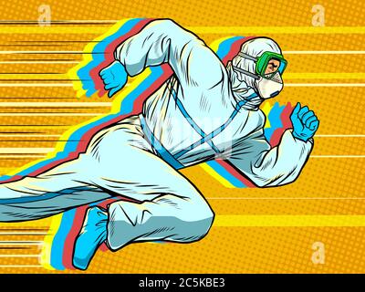 Hero medico corre. Covid19 epidemia di coronavirus Illustrazione Vettoriale