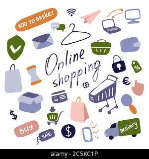 Set di icone per lo shopping online. Cartelli piatti e-commerce. Illustrazione vettoriale Illustrazione Vettoriale