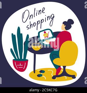 Soggiorno e lavoro da casa. Shopping online da casa diring epidemia. Distanza sociale, concetto di quarantena. Illustrazione vettoriale piatta Illustrazione Vettoriale