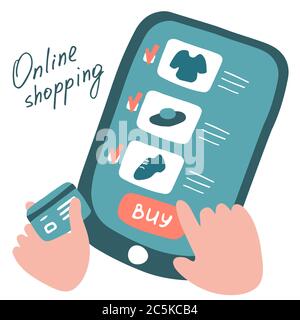Shopping online sul sito Web o applicazione mobile. Concetto di e-commerce. Illustrazione vettoriale piatta Illustrazione Vettoriale
