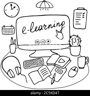 Luogo di lavoro per l'apprendimento online e il lavoro remoto. Desktop con cancelleria e articoli per la casa. E-learning, formazione online, concetto di soggiorno a casa. Disegnata a mano Illustrazione Vettoriale