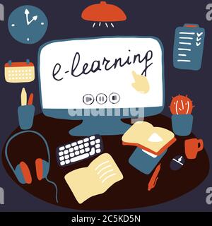 Luogo di lavoro per l'apprendimento online e il lavoro remoto. Desktop con cancelleria e articoli per la casa. E-learning, formazione online, concetto di soggiorno a casa. Vettore piatto Illustrazione Vettoriale