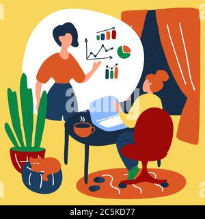 Studente sta studiando online. Donna lavora a distanza da casa. Istruzione a distanza degli studenti. Ragazza in casa ufficio lavoro luogo. Illustrazione vettoriale piatta Illustrazione Vettoriale