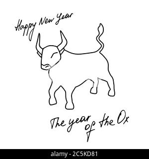 2021. Felice anno nuovo. L'anno di Ox. Icona bull vettoriale disegnata a mano Illustrazione Vettoriale