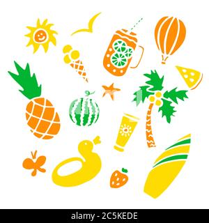 Set estivo con elementi disegnati a mano. Vettore Illustrazione Vettoriale