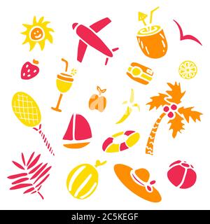 Set di icone estive. Collezione disegnata a mano. Elementi estivi. Illustrazione Vettoriale