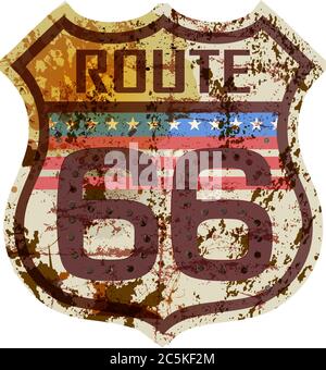 Segnale Route 66, segnale stradale maledetto, stile retrò, illustrazione vettoriale Illustrazione Vettoriale