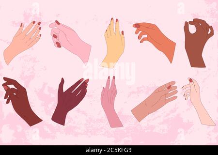 Set di mani di giovani donne. Diversità sociale. Stile vettoriale semplice. Illustrazione per poster, concept, biglietto di auguri. Illustrazione Vettoriale