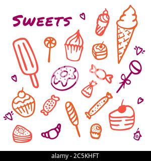 Dolci disegnati a mano con elementi di doodle, caramelle, cupcake, biscotti, cioccolatini, lollipop e macaroon Illustrazione Vettoriale