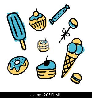 Dolci disegnati a mano con elementi di doodle, caramelle, cupcake, biscotti, cioccolatini, lollipop e macaroon Illustrazione Vettoriale