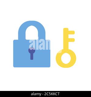 Icona a forma di lucchetto e tasto su sfondo bianco. Illustrazione vettoriale in stile piatto alla moda. EPS 10. Illustrazione Vettoriale