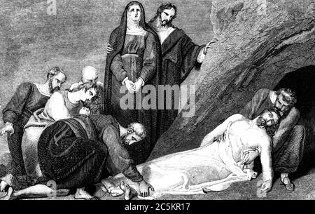 Un'immagine vintage incisa dell'entombment di Gesù Cristo, di R. Westall da un libro georgiano intitolato 'illustrato al testamento' dat Foto Stock