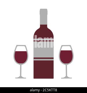 Bicchiere di vino e bottiglia su sfondo bianco. Illustrazione vettoriale in stile piatto alla moda. ESP 10. Illustrazione Vettoriale
