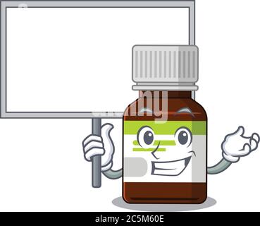 Immagine cartoon di una bottiglia antibiotica mascotte stile di disegno porta una tavola Illustrazione Vettoriale