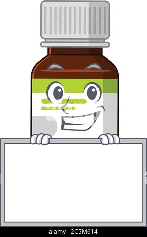 Stile di disegno di cartone animato di bottiglia di antibiotico che si trova dietro un bordo Illustrazione Vettoriale