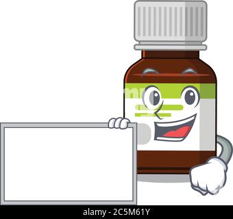 Disegno di carattere di cartone animato di bottiglia di antibiotico che tiene una tavola Illustrazione Vettoriale