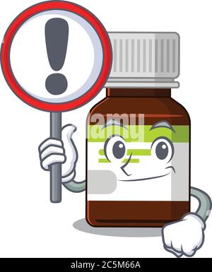 Icona di un cartone animato di una bottiglia di antibiotico con un cartello con il simbolo di un punto esclamativo Illustrazione Vettoriale