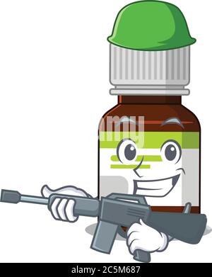 Un cartone animato immagine di Army antibiotic bottiglia che tiene la pistola macchina Illustrazione Vettoriale