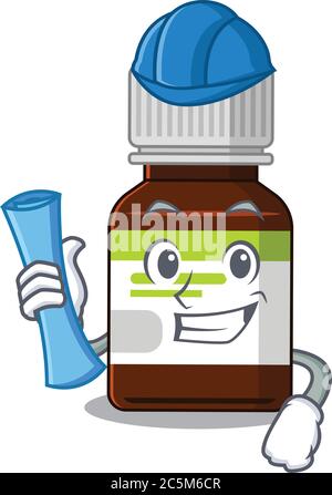 Immagine in caricatura di flacone di antibiotico architetto con stampe blu Illustrazione Vettoriale