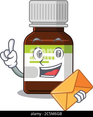 Un'immagine di allegra bottiglia di antibiotico cartone animato con busta marrone Illustrazione Vettoriale
