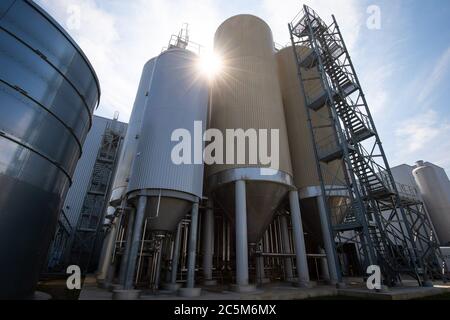 Amburgo, Germania. 18 Giugno 2020. Serbatoi di fermentazione e serbatoi di Langertank nei locali della fabbrica di birra Holsten nel distretto di Hausbruch ad Amburgo. (A dpa 'Holsten-Brauerei ben arrivato a Hausbruch nonostante la crisi di Corona') Credit: Christian Charisius/dpa/Alamy Live News Foto Stock