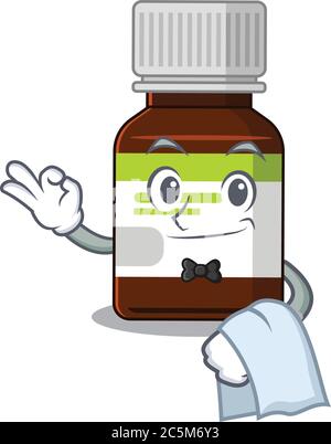 Un cartone animato di bottiglia di antibiotico cameriere con un tovagliolo bianco Illustrazione Vettoriale