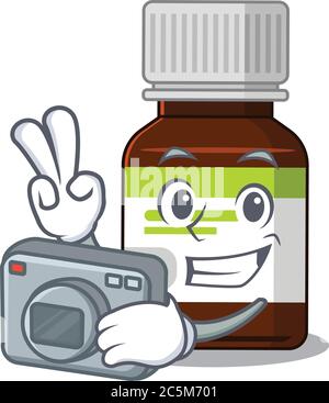 un fotografo professionista bottiglia antibiotico cartone animato foto lavorare con la fotocamera Illustrazione Vettoriale
