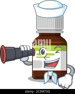 Un cartone animato di antibiotico bottiglia Sailor utilizzando binoculare Illustrazione Vettoriale