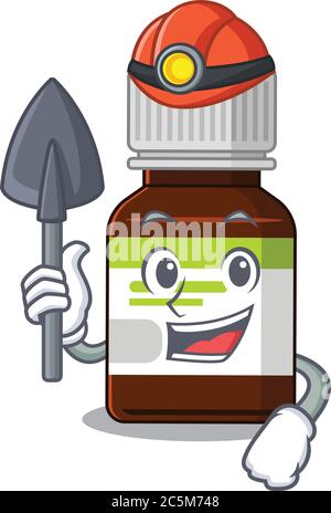 Un cartone animato di minatore di bottiglie di antibiotico con attrezzo e casco Illustrazione Vettoriale