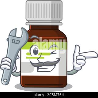 Un quadro di caricatura di flacone di antibiotico che funziona come meccanico Illustrazione Vettoriale