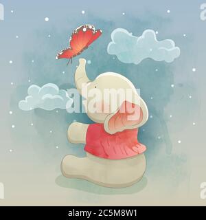 un simpatico elefante che gioca con la farfalla. vettore mano disegnata stile arte Illustrazione Vettoriale