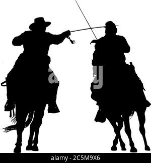 Soldati della Guerra civile americana a cavallo combattendo con spade, silhouette in nero su sfondo bianco Illustrazione Vettoriale